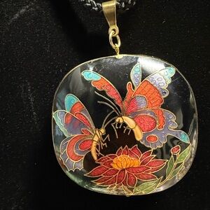 Vintage Double-Sided Cloisonné Butterfly & Lotus Pendant Black Enamel Necklace